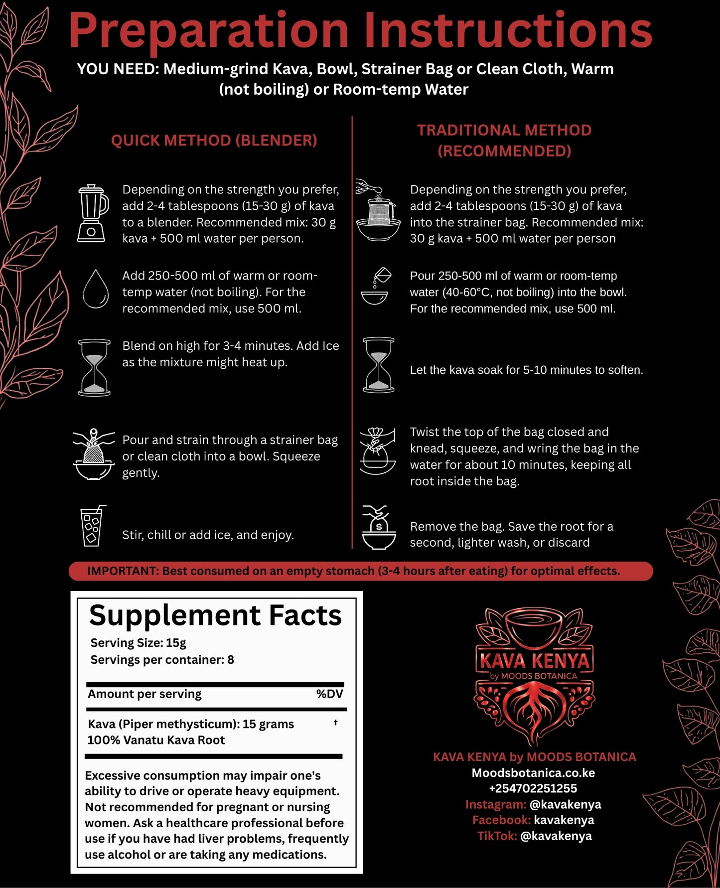 Borogu Kava Kenya preparation instructions and supplement facts on a black background with red text and graphics.