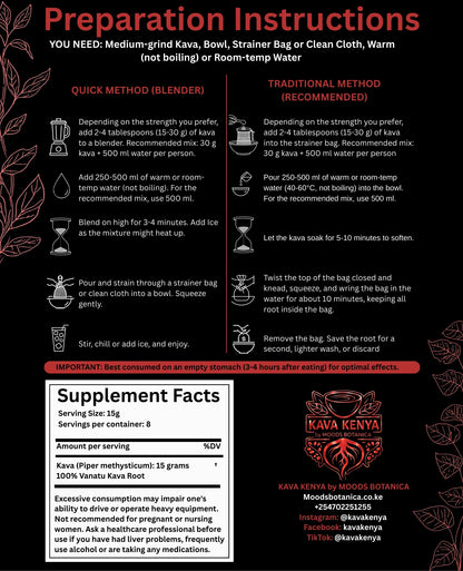 Borogu Kava Kenya preparation instructions and supplement facts on a black background with red text and graphics.