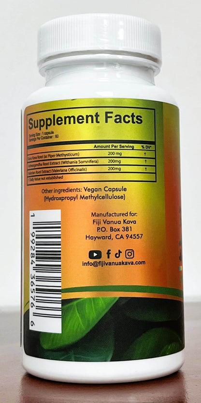 Kava Capsule Pills, 200 mg Kava Root Extract (30%) with Ashwagandha & Valerian, 60 Count