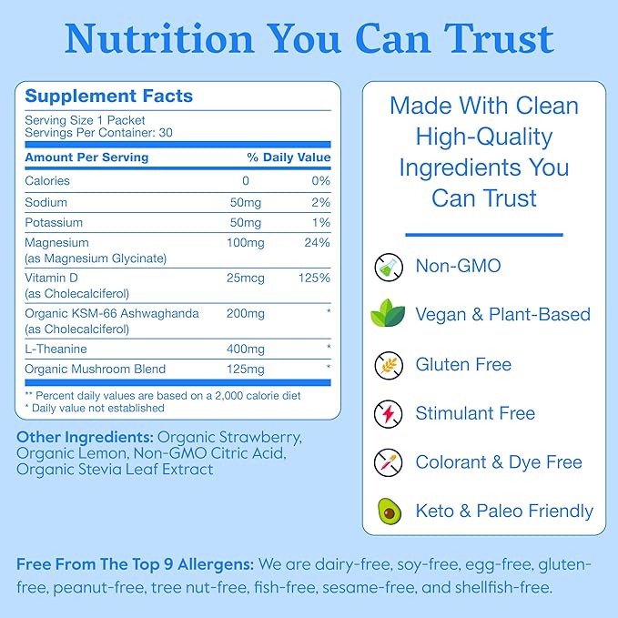 Nectar Calm Magnesium Glycinate Drink Mix, 30 Sticks, with Ashwagandha & L-Theanine