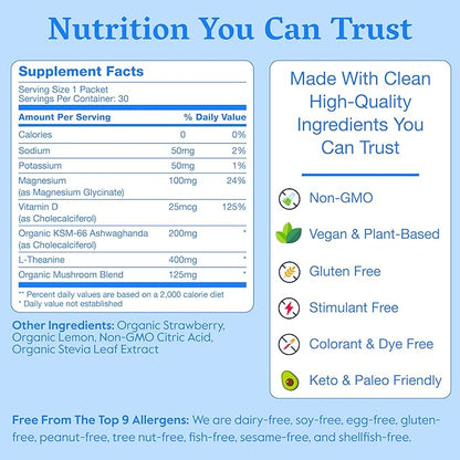 Nectar Calm Magnesium Glycinate Drink Mix, 30 Sticks, with Ashwagandha & L-Theanine