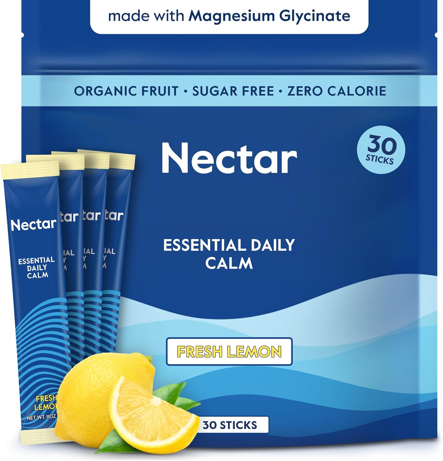 Nectar Calm Magnesium Glycinate Drink Mix, 30 Sticks, with Ashwagandha & L-Theanine
