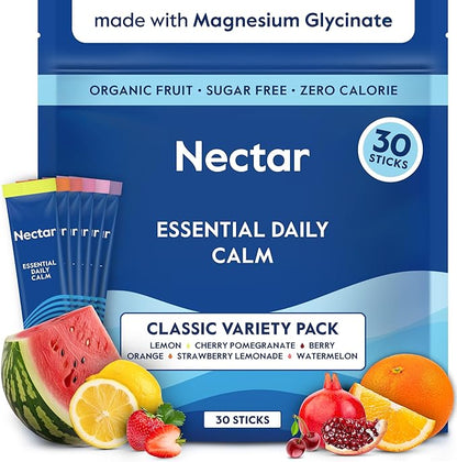 Nectar Calm Magnesium Glycinate Drink Mix, 30 Sticks, with Ashwagandha & L-Theanine